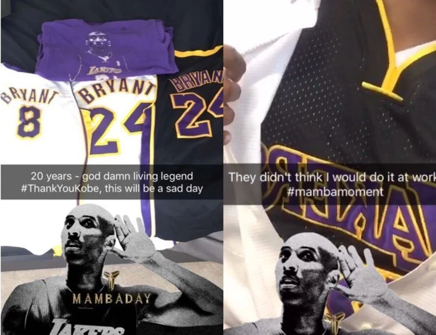 Two of the many Snapchats I sent on the day of Kobe’s Final Game.