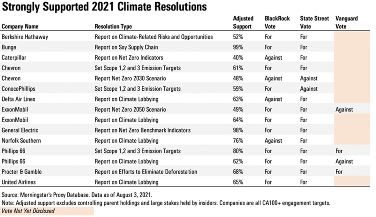 Strongly supported 2021 climate resolutions